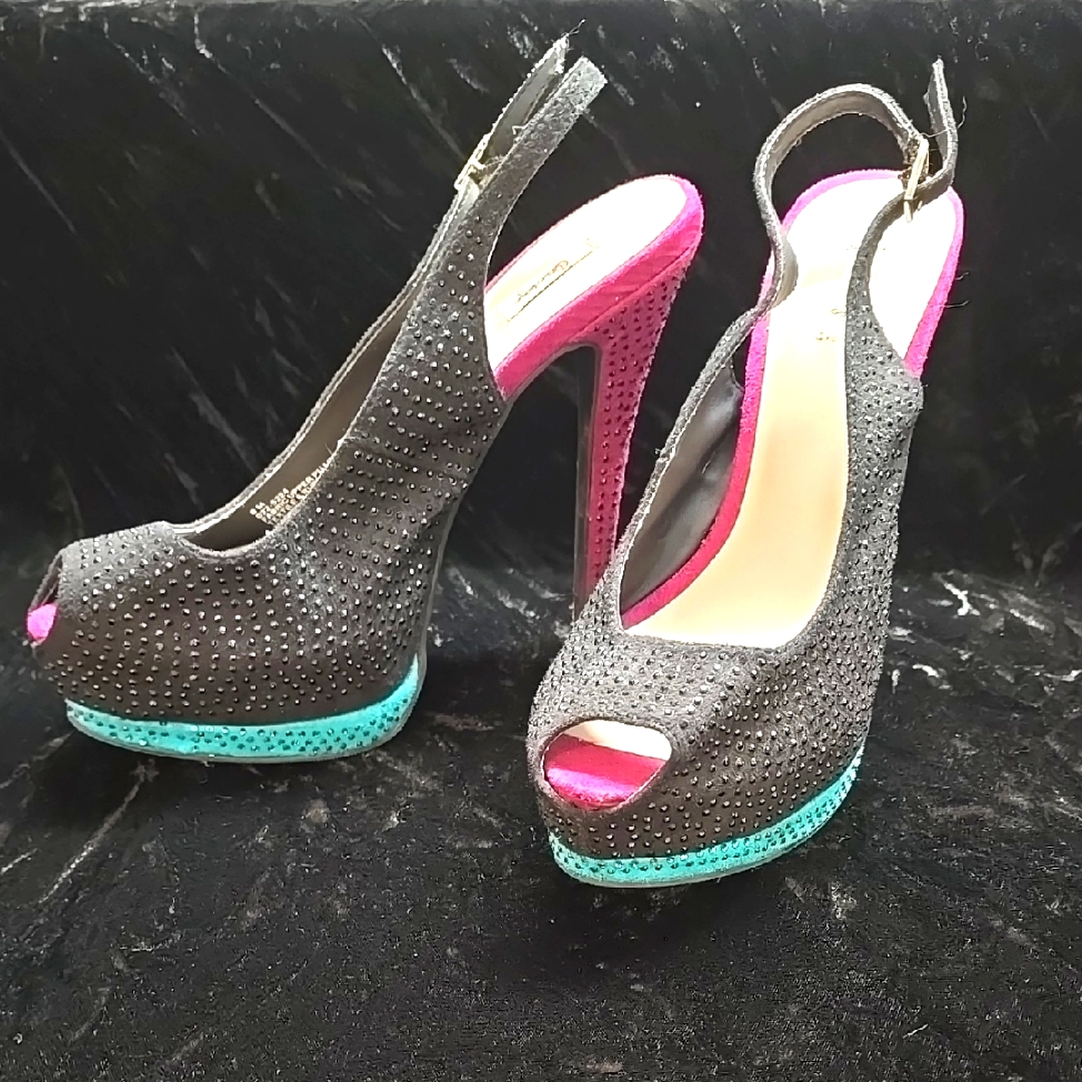 5/$25black Teal And Pink Peep-Toe Slingback Heels